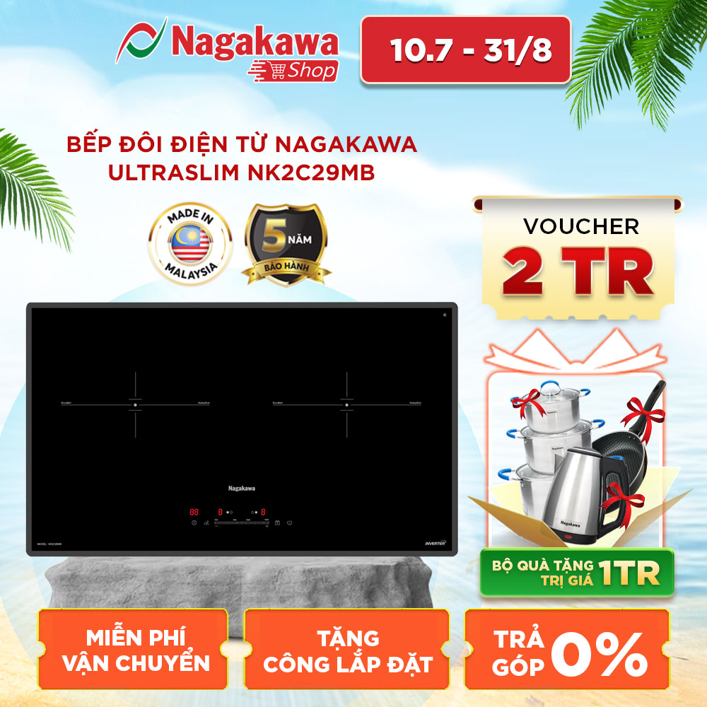 Bếp đôi điện từ Nagakawa UltraSlim NK2C29MB - Made in Malaysia - Bảo hành 5 năm - Hàng chính hãng