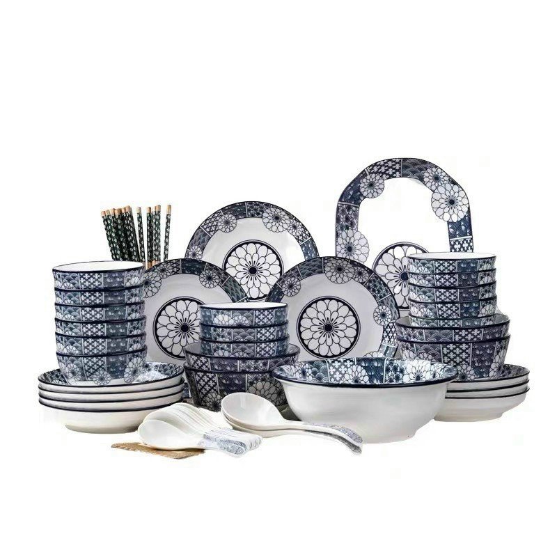 BỘ BÁT ĐĨA GỐM SỨ HỌA TIẾT HOA CÚC XANH DƯƠNG CAO CẤP, BÁT ĐĨA GỐM SỨ CHO MỌI GIA ĐÌNH, NHÀ HÀNG, KHÁCH SẠN, QUÁN ĂN,.....