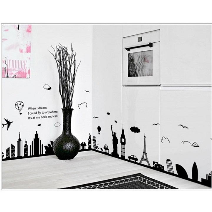 Decal dán tường địa điểm du lịch thế giới đen trắng