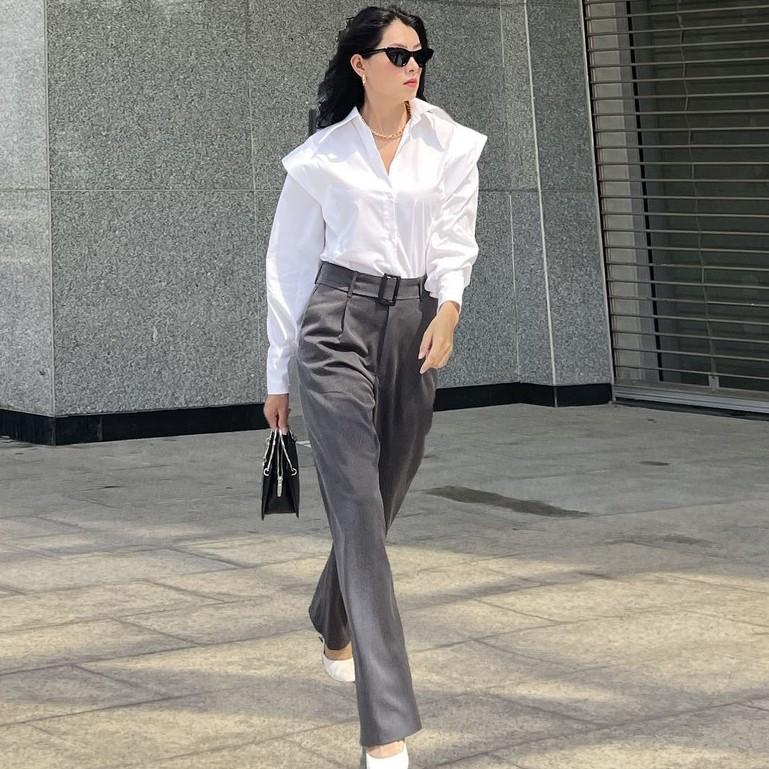 Quần Tây Nữ Ống Loe Cạp Cao Màu Xám Chất Liệu Kaki Mềm CO EM Thiết Kế Dáng Suông Phong Cách Công Sở Thời Thượng