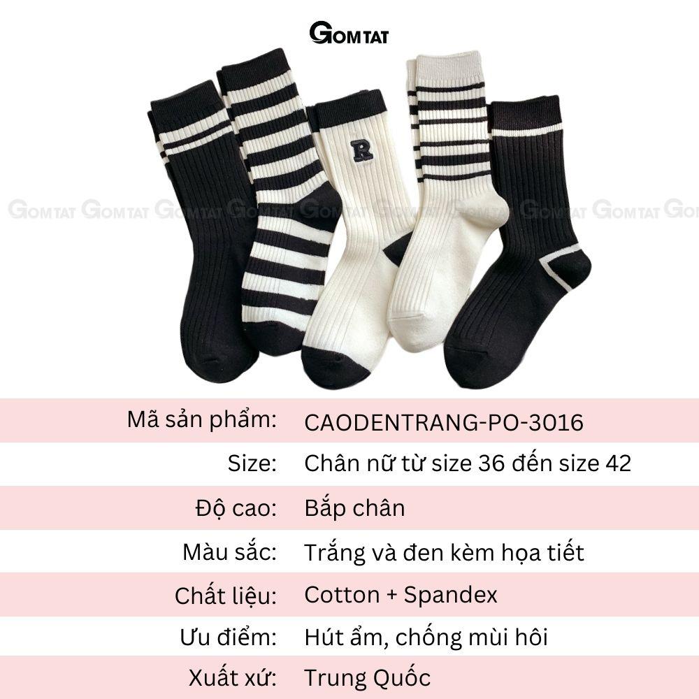 Tất nữ cổ cao cao cấp tone màu trắng đen, vớ nữ cổ cao chất liệu cotton mềm mại, thấm hút - CAODENTRANG-PO-3016-1DOI