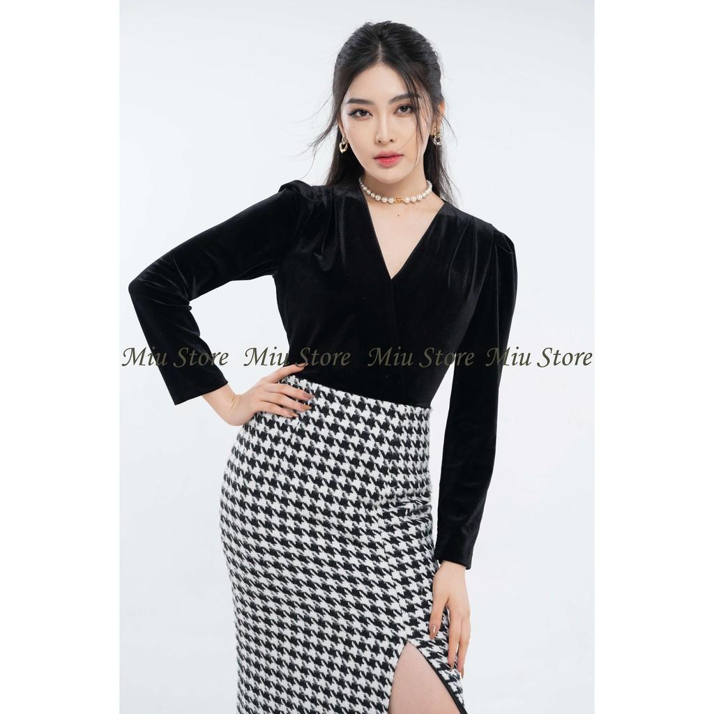 Đầm nữ thiết kế váy công sở nhung liền phối dạ len houndstooth MIUSTORE D00250
