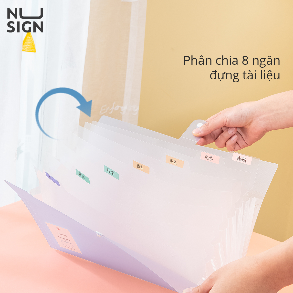 Cặp Tài Liệu Mở Rộng A4 8 Ngăn Kèm Sticker Nusign - Có Nút Cài - Phù Hợp Học Sinh Văn Phòng Lưu Trữ Tài Liệu - 5735