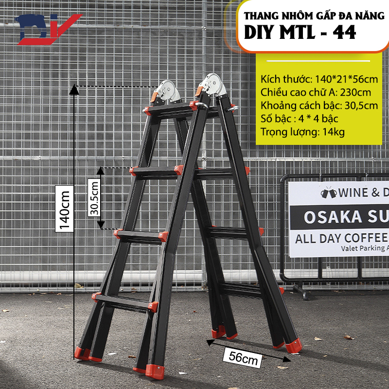 Thang nhôm gấp đa năng DIY MTL-44B chiều cao chứ A tối đa 1.96m, chiều cao chữ I 4.05m, tải trọng 150kg ( đai đỏ )