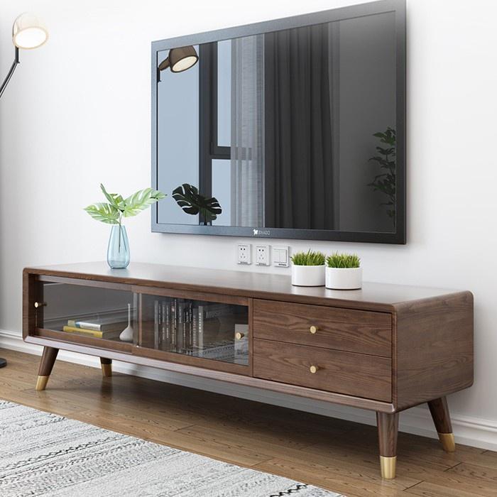 Kệ TV gỗ tự nhiên cao cấp - Kệ TV nguyên khối hình chữ nhật mặt kính 1m8 LUX-KTV07