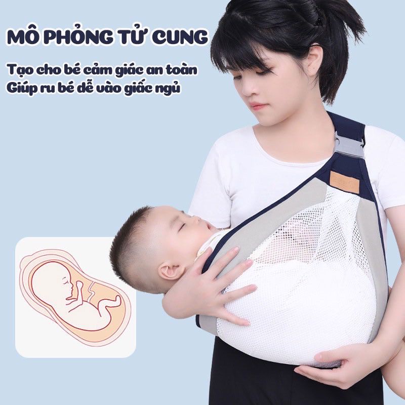 Địu đa năng đeo một vai, trợ lực 4 tư thế, vải lưới mềm mại, chống gù lưng, dễ sử dụng, phù hợp cho bé 0-3 tuổi