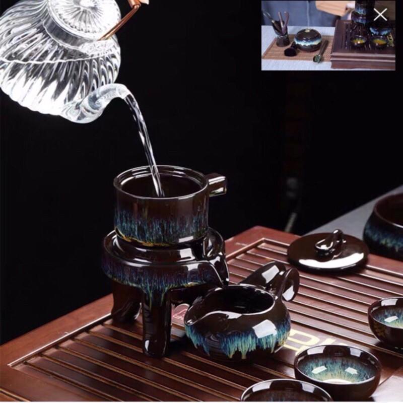 Bộ ấm chén pha trà đẹp Cối xay gốm sứ cao cấp, tử sa hoả biến 8 chi tết màu nâu đen