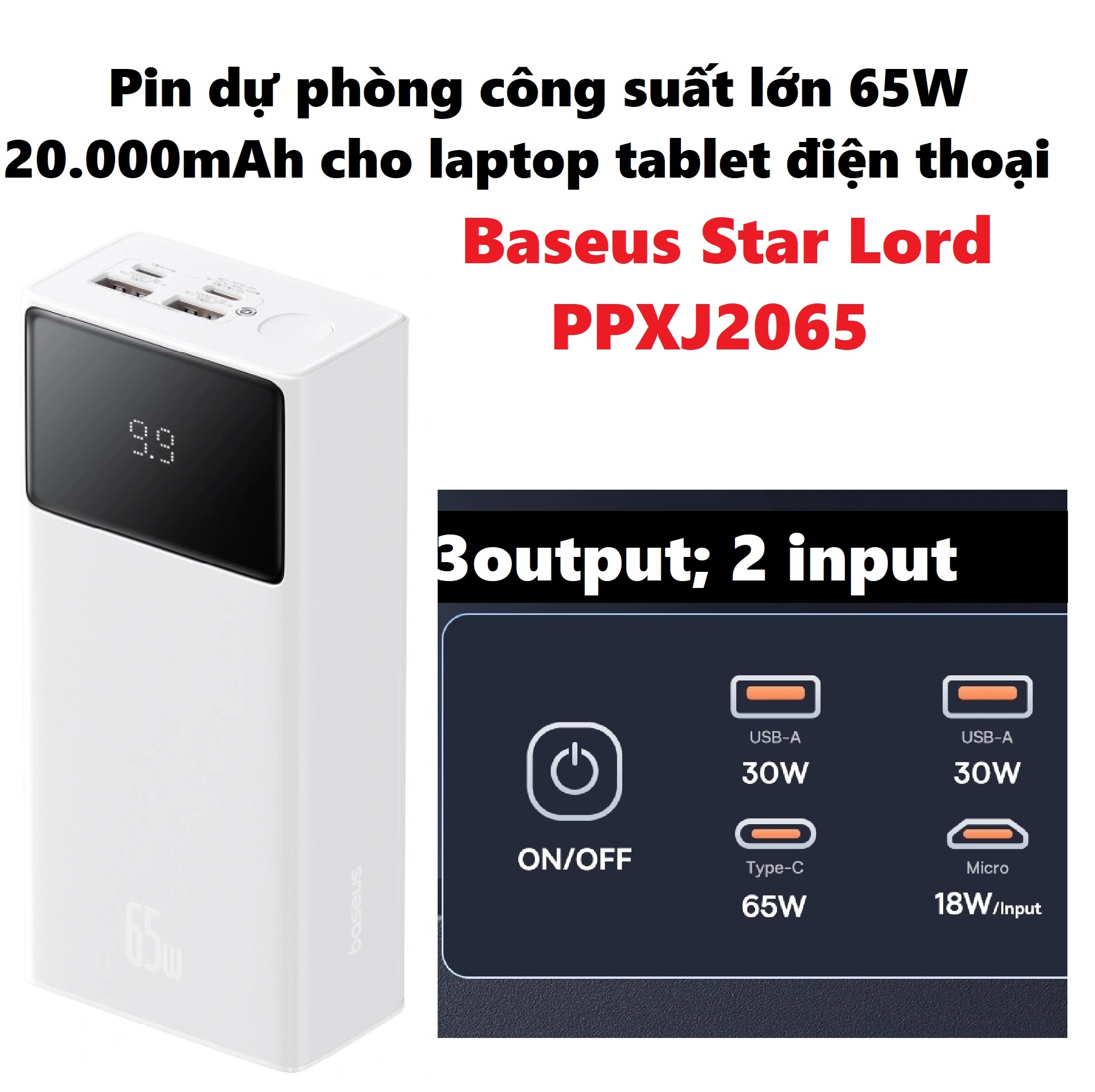 Pin dự phòng sạc nhanh 65W dung lượng 20.000mA cho laptop máy tính bảng Baseus Star lord PPXJ2065 _ hàng chính hãng