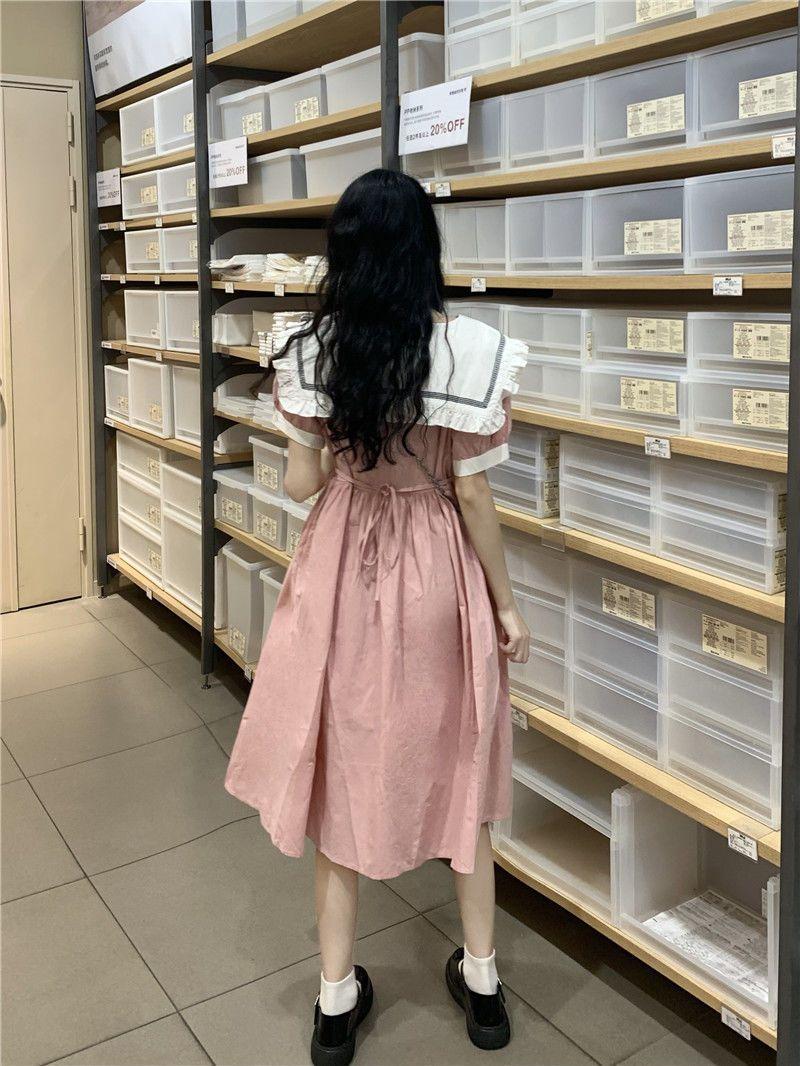 DIYIWEI Ngày hệ ngọt ngào dễ thương đại học gió búp bê cổ ngắn tay áo đầm mùa hè nhỏ giảm tuổi váy chữ a rộng thùng thình(@5