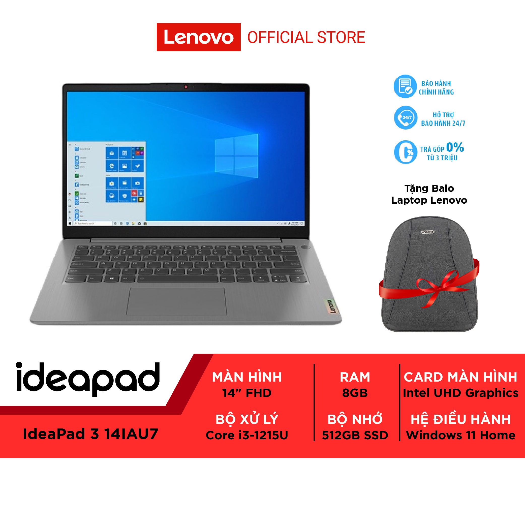 Laptop Lenovo IdeaPad 3 82RJ000HVN i3-1215U| 8GB| 512GB| Intel UHD Graphics| Win 11 - Hàng chính hãng