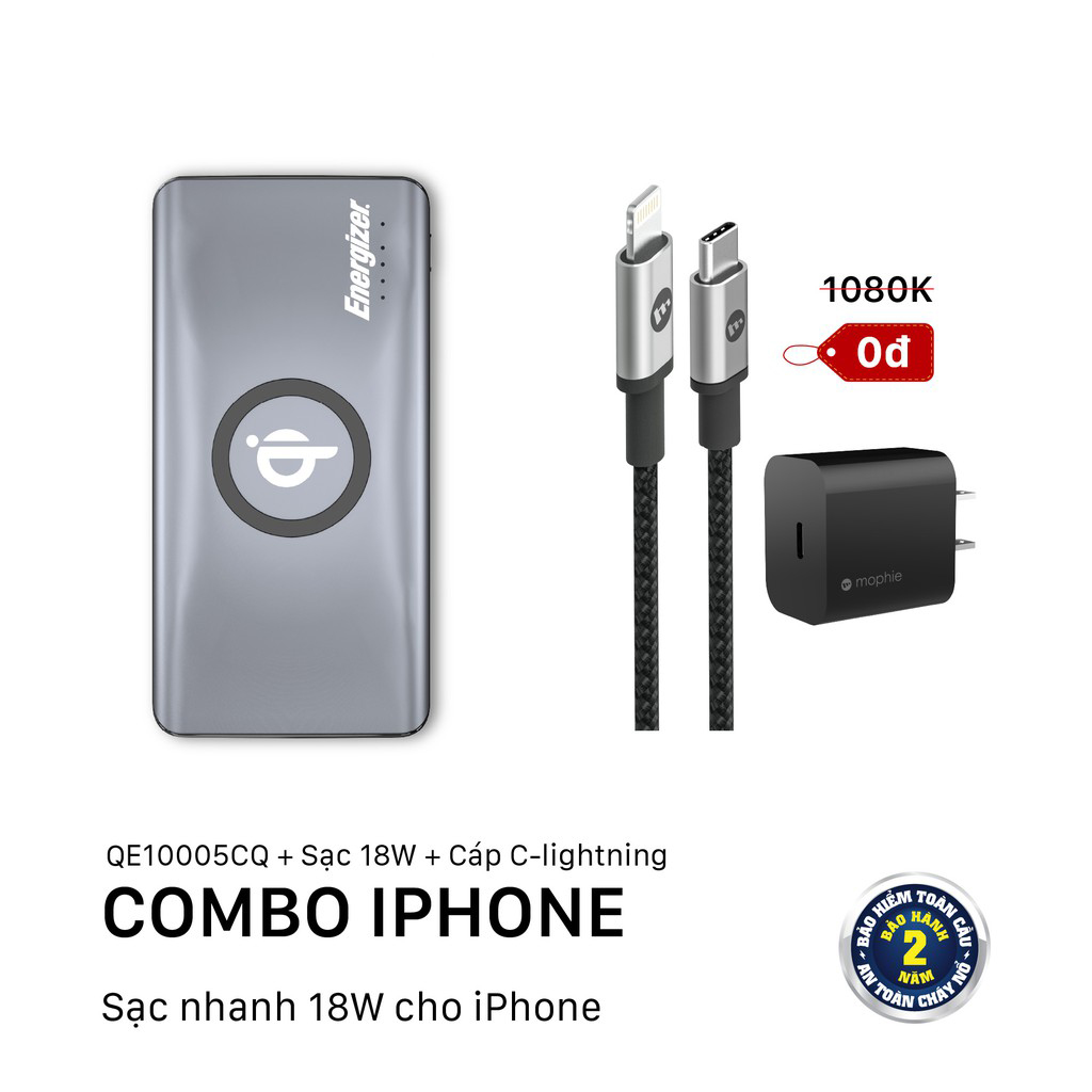 Combo Sạc dự phòng Energizer 10,000mAh QE10005CQ - Sạc Mophie 18w kèm Cáp C to Lightning 1M - HÀNG CHÍNH HÃNG