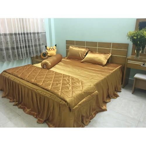 Bộ Chăn Trần Bông Ga Gối Phi Lụa 5 Món Cao Cấp Lan Bedding Màu Vàng Đồng