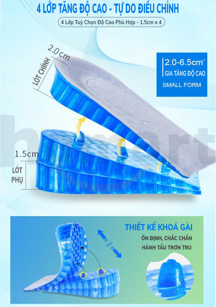 COMBO 4 Miếng Đệm Gel Lót Giày Tăng Chiều Cao Hamart Tuyệt Đỉnh Êm Ái Thoải Mái Gấp 4 Lần