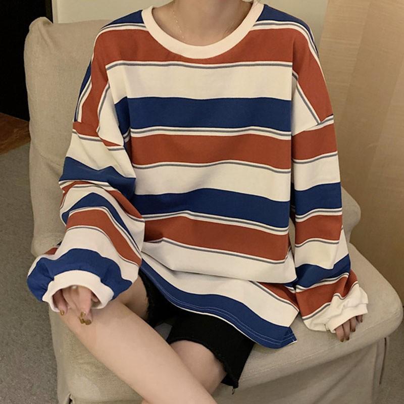 Áo Thun Dài Tay Dáng Rộng Với Họa Tiết Sọc Ngang Xinh Xắn Dành Cho Các Cặp Đôi