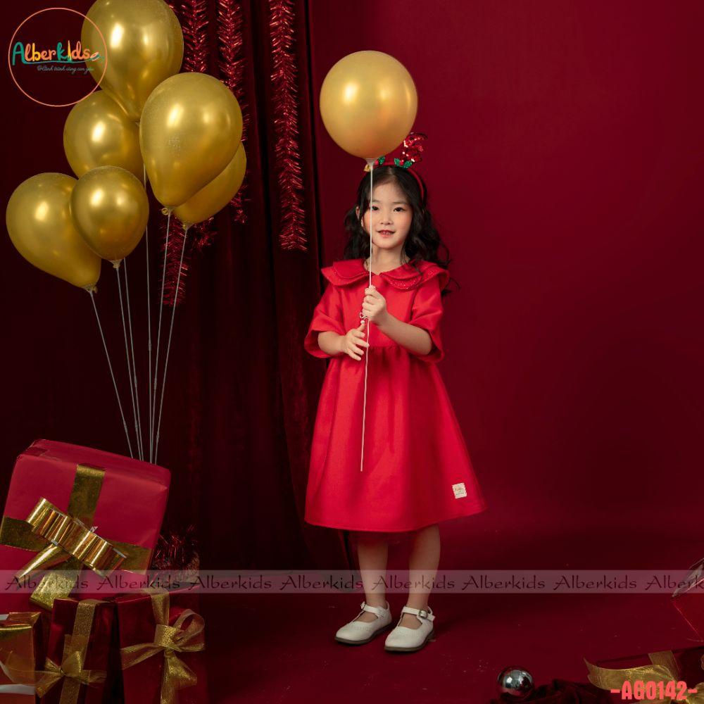 Váy bé gái ALBERKIDS cổ cánh sen đính nơ ngọc công chúa đỏ xinh đẹp cho trẻ em 2,3,4,5,6,7,8,9,10,11,12 tuổi