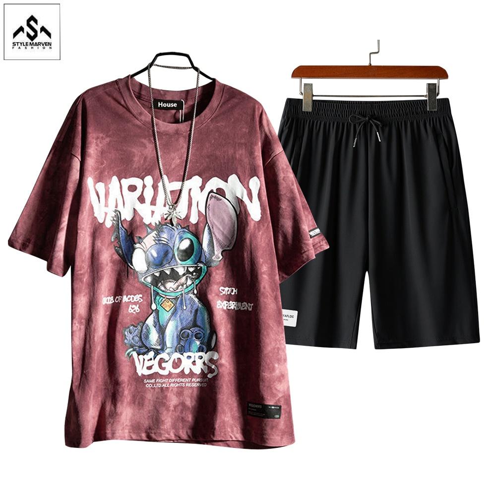 COMBO Áo Thun In Loang Màu Kết Hợp Shorts In Logo HOT TREND 2022 STYLE MARVEN - TOP 182 + SHORT 17 B