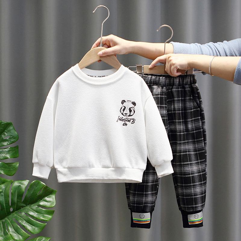 Set quần áo Thu Đông Gấu Trắng quần kẻ cho bé hàng loại đẹp  - Đồ Bộ thu đông cao cấp trẻ em