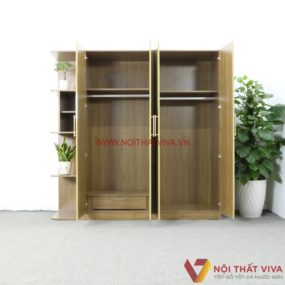 Tủ Quần Áo Có Kệ Trang Trí 4 Cánh Sơn 2K Màu Vàng Nâu Đẹp Hiện Đại