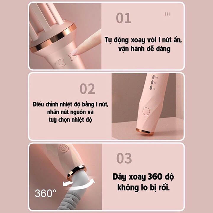 Máy uốn tóc xoăn tự động xoay 360 độ phủ gốm sứ trục 28mm, 3 mức chỉnh nhiệt an toàn