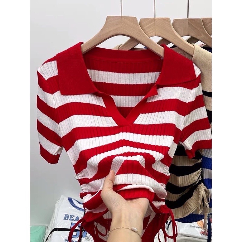 Áo cardigan dệt kim tay ngắn hoạ tiết kẻ sọc Hàn Quốc cho nữ AL04