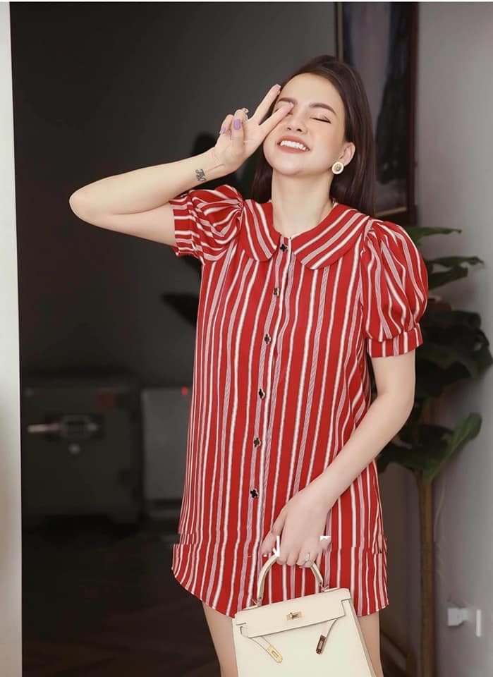 Đầm sơ mi suông sọc đỏ tay ngắn