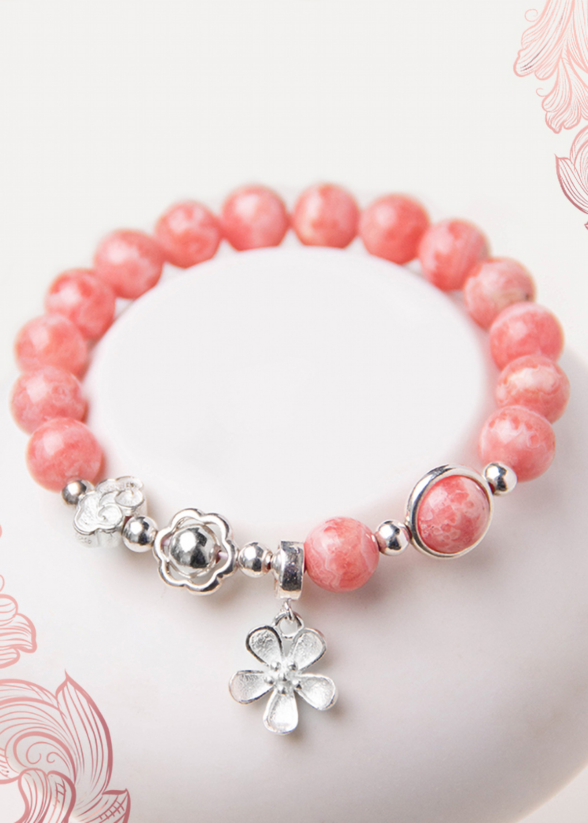 Vòng tay đá Rhodochrosite phối charm hoa mệnh hỏa, thổ - Ngọc Quý Gemstones