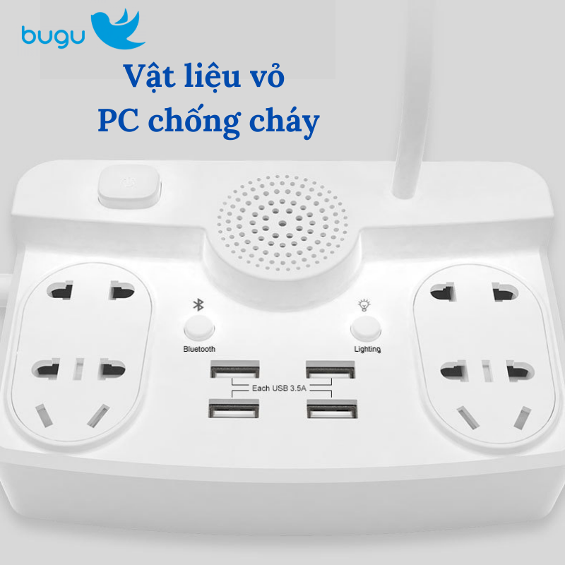 Đèn Học LED Để Bàn Tích Hợp Loa Bluetooth Và Ổ Cắm Điện Đa Năng Có 4 Cổng USB 3.5A Bugu HHT101 Có Giá Đỡ Điện Thoại Tiện Dụng