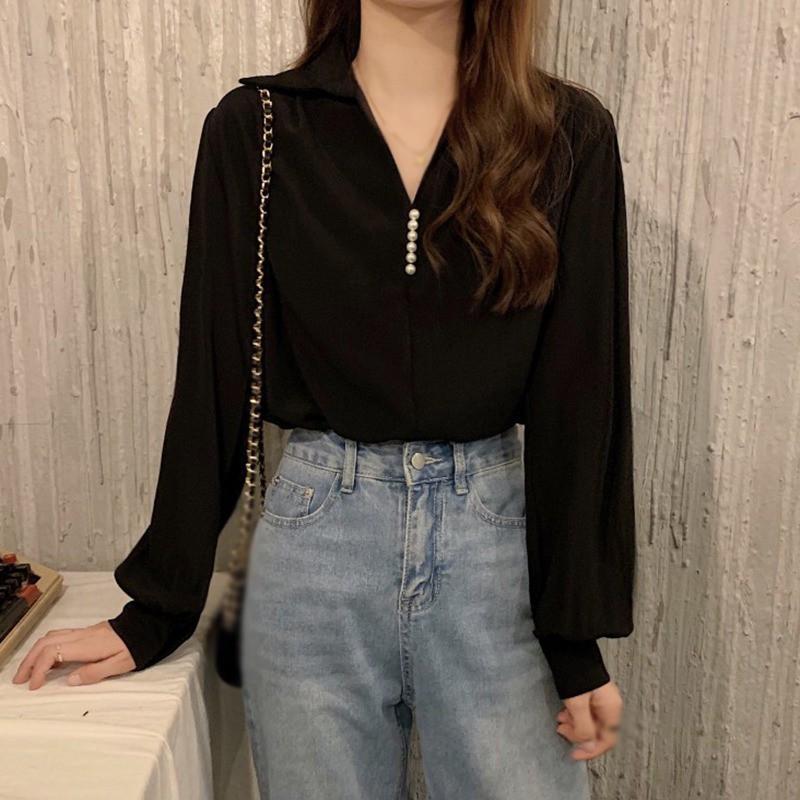 Áo Kiểu Tay Dài Cổ Chữ V Thiết Kế Màu Trơn Thanh Lịch Dành Cho Nữ