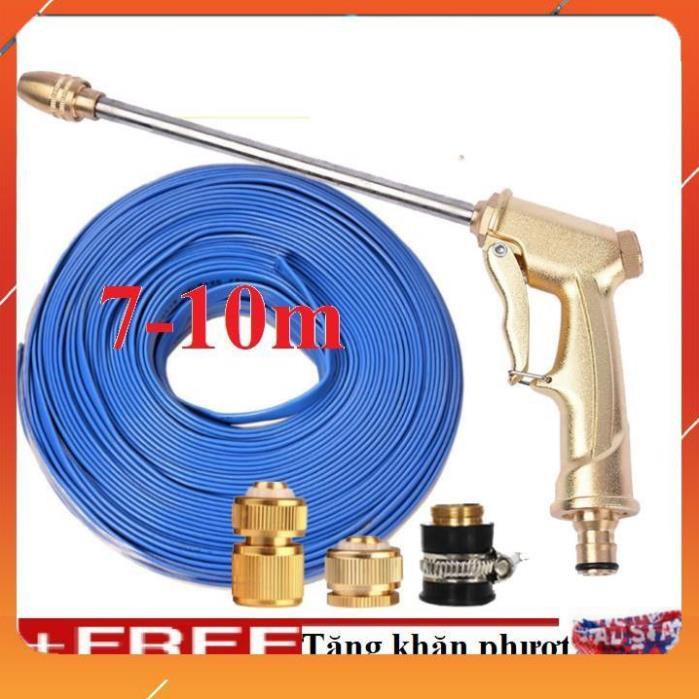 Bộ dây vòi xịt nước rửa xe, tưới cây , tăng áp 3 lần, loại 7m, 10m 206701-3 đầu đồng, cút đồng, + khăn phượt