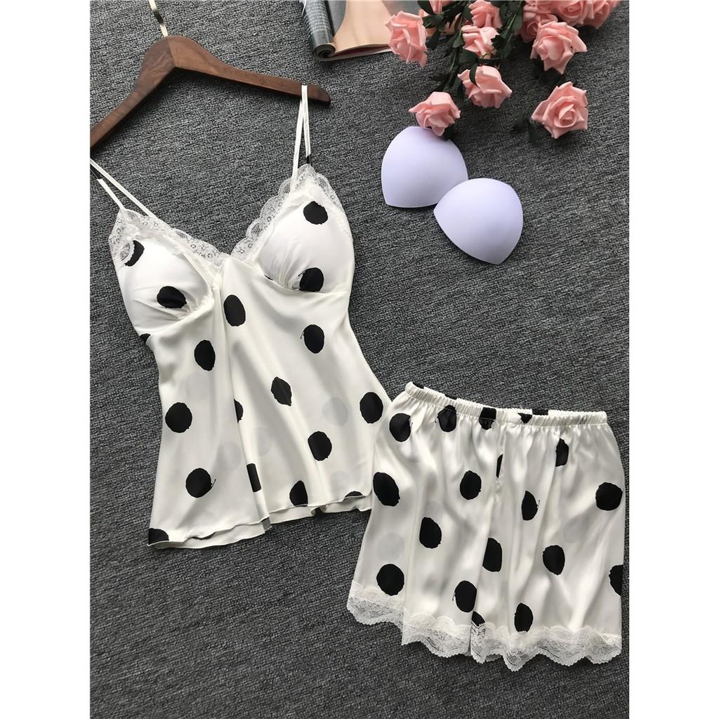 Bộ ĐồNgủ SexySALE SẬP XÀNBộ ngủ lụa 2 dây chấm bi kèm mút ngực Z397