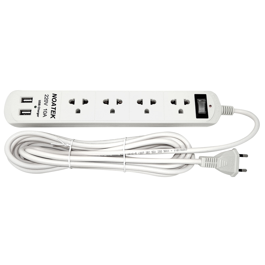 Ổ cắm điện NOATEK 4 phích cắm dài 4 mét, có USB, màu trắng