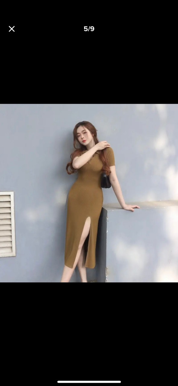 Đầm body polo midi màu nude cổ bẻ xẻ đùi qua hót hàng thiết kế cao cấp