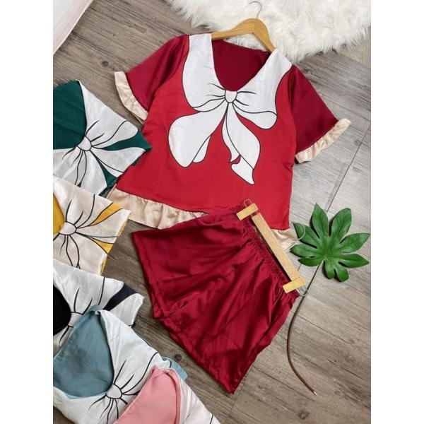 Bộ Đùi Nữ ️ Đồ Bộ Đùi Nữ Cộc Tay Lụa Satin Đẹp Mặc Ngủ Mềm Mịn