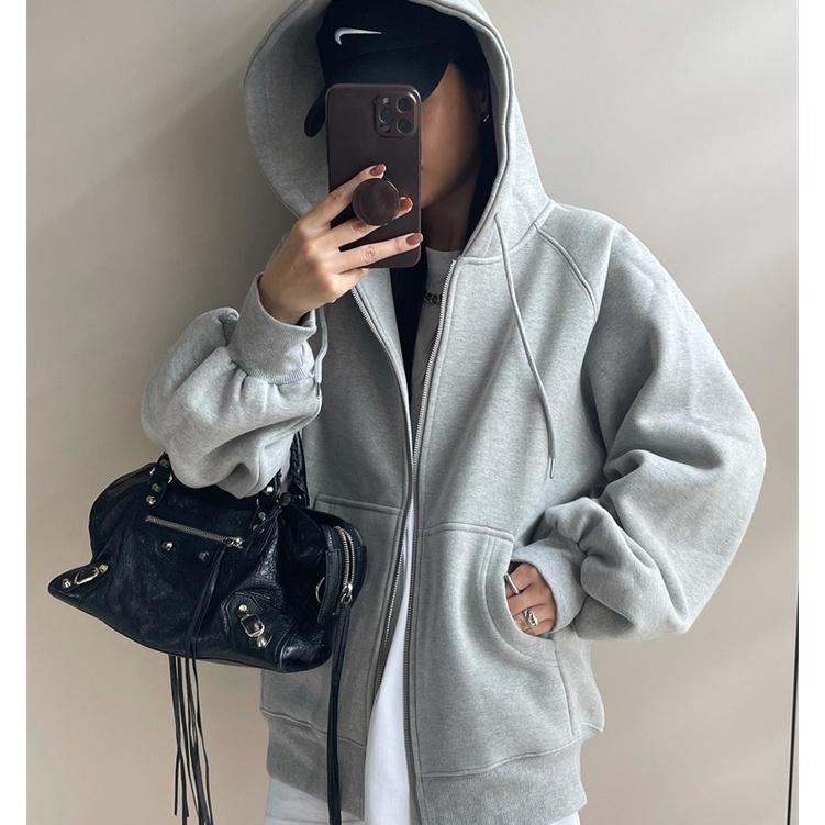 ÁO KHOÁC HOODIE NỮ VẢI NỈ FORM RỘNG TAY PHỒNG MÀU XÁM TRƠN , ÁO KHOÁC KHÓA KÉO MÀU XÁM TRƠN