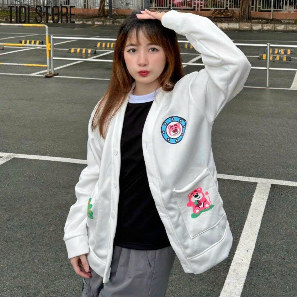 Áo Khoác Nỉ Cardigan nữ Unisex Trước Áo Có In Hình Gấu Dâu Dễ Thương HTM FASHION