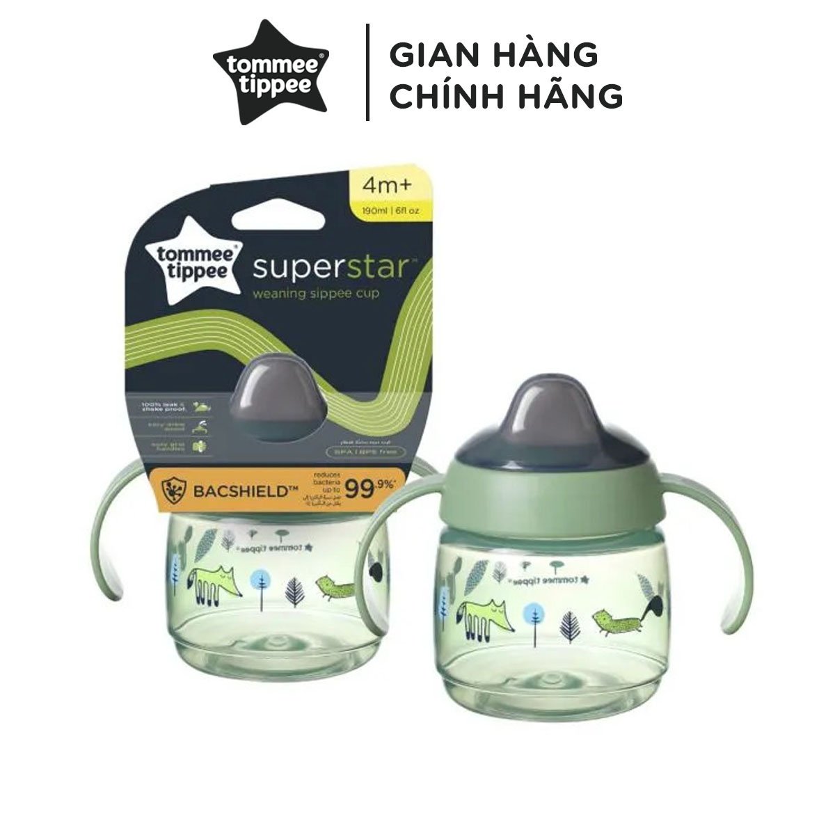 Bình tập uống nước có vòi mút kháng khuẩn chống tràn, chống sặc Tommee Tippee SuperStar, 190ml, cho bé từ 4 tháng – Xanh lá