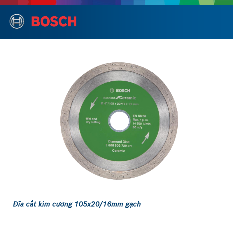 Combo Máy mài góc Bosch GWS 750-100 và Đĩa cắt kim cương 105x20/16mm gạch