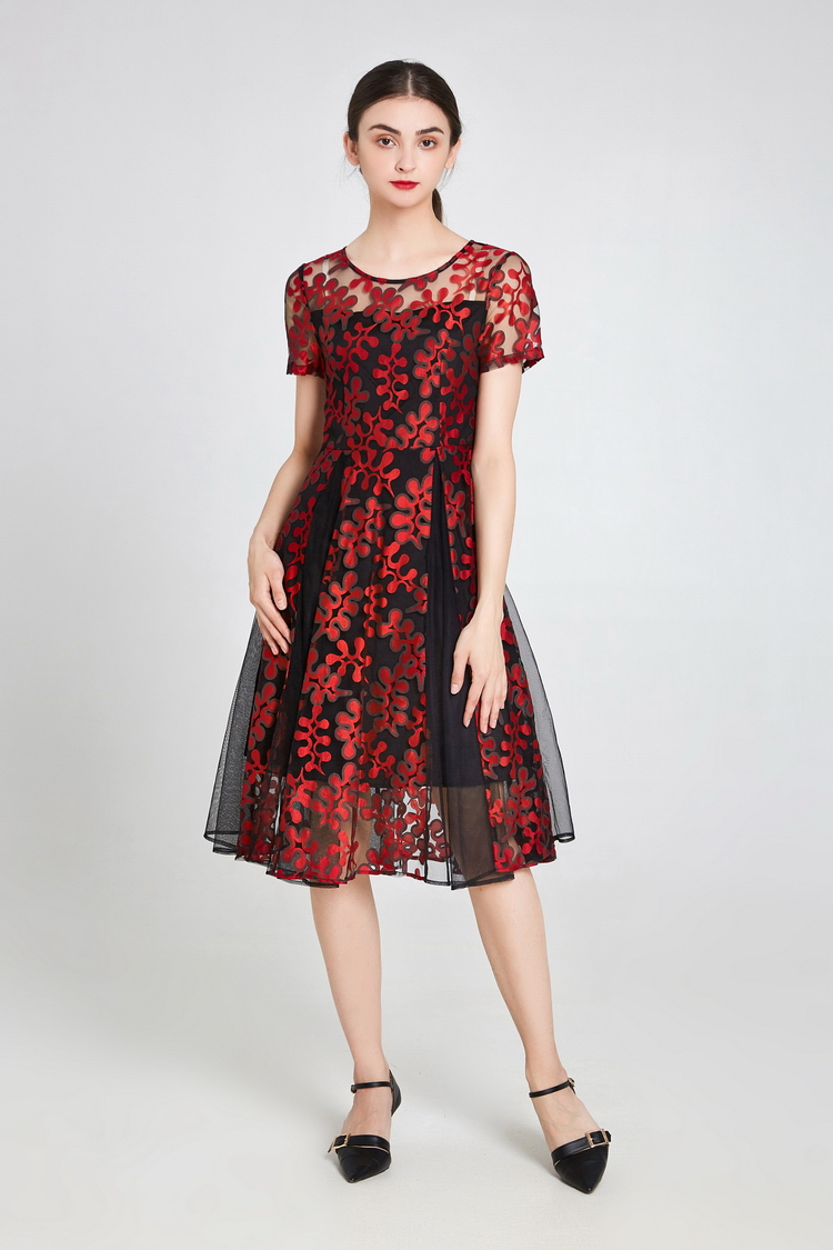 Đầm xòe voan hoa nổi nền đen hoa đỏ ArcticHunter, thời trang thương hiệu chính hãng - A0018