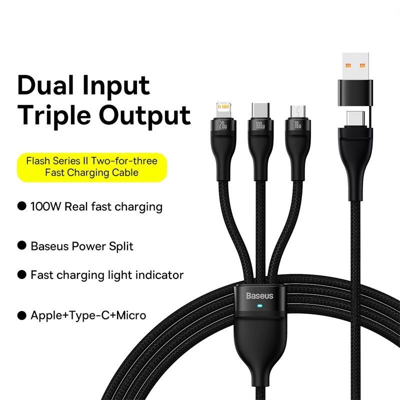 Cáp sạc nhanh 3 đầu Baseus Flash Series Ⅱ PRO Two-for-three Charging Cable U+C to M+L+C 100W (Hàng chính hãng)