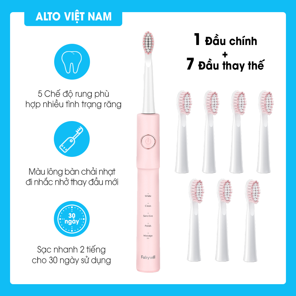 Bàn chải đánh răng điện FAIRYWILL E11 Bản Màu Hồng Công nghệ làm sạch bằng sóng siêu âm Tặng kèm 8 đầu bàn chải Hàng Chính Hãng