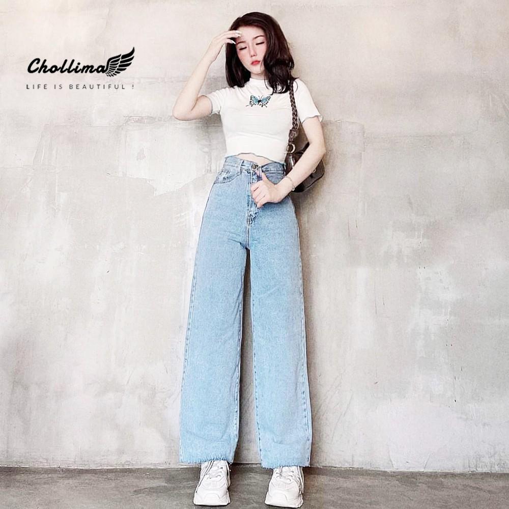 Quần baggy jeans nữ Chollima ống rộng SIMPLE JEAN tua lai dài 101cm QD040