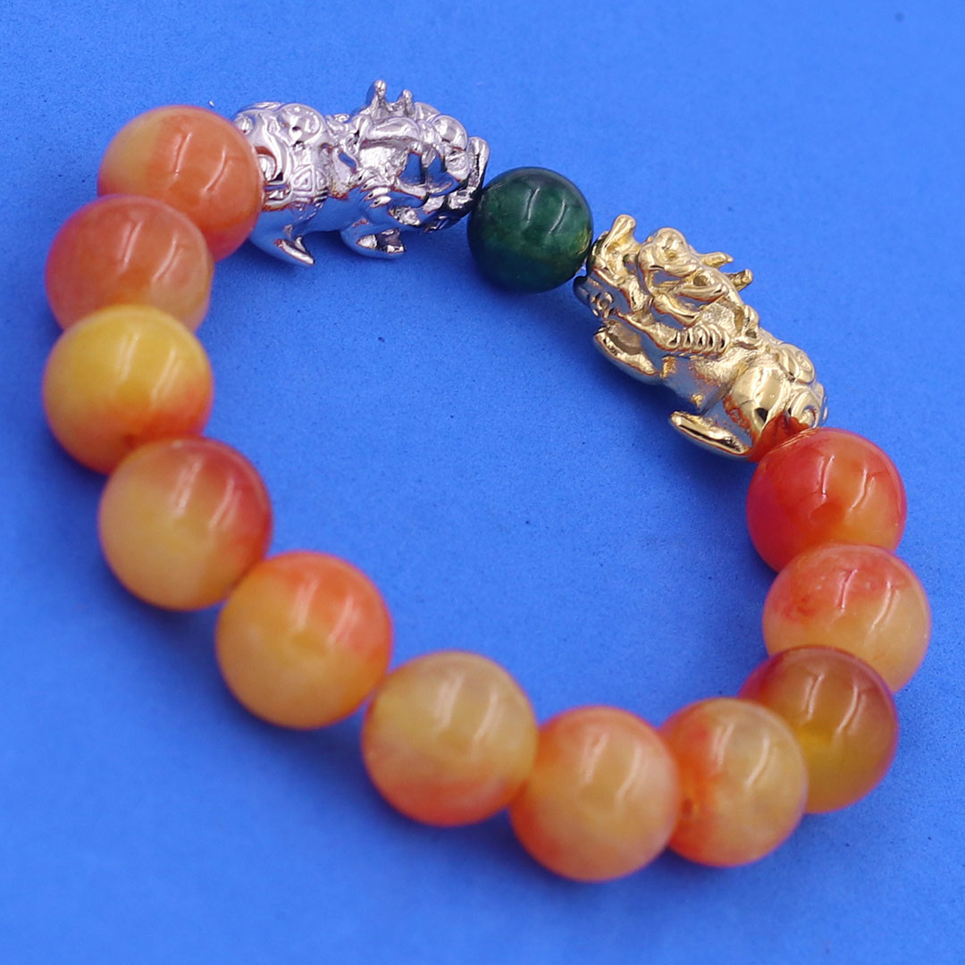 Vòng chuỗi đeo tay đá ngọc tủy cam 12 ly charm tỳ hưu đôi inox trắng và vàng, vòng chuỗi phong thủy, charm tỳ hưu, vòng tay hạt chuỗi
