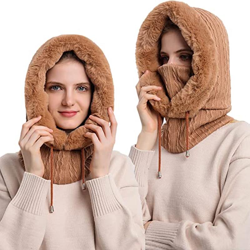 Bộ Lông Mùa Đông Bộ Đội Mặt Nạ Có Mũ Trùm Đầu Cho Nữ Dệt Kim Cashmere Cổ Ấm Balo Trượt Tuyết Chống Gió Mũ Dày Sang Trọng Lông Tơ Beanies Hood