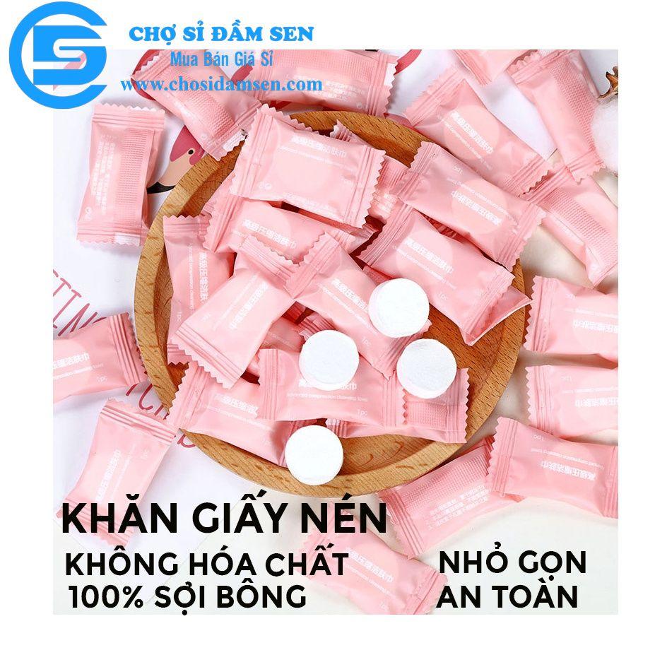 Set 50 Khăn giấy nén hình viên kẹo, khăn giấy ướt dùng khi đi du lịch lau mặt mềm mại siêu dai hình vuông loại cao cấp