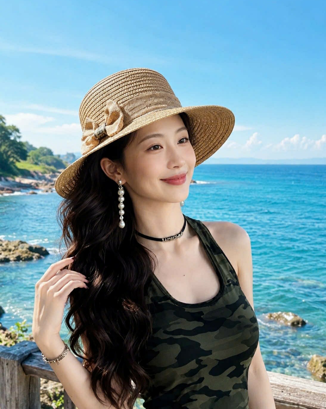 Mũ Cói Nữ Vành Rộng 6cm Phối Nơ Vải Bố Riviera, Nón Đi Biển Che Nắng Du Lịch Thời Trang Hàn Quốc dona050626