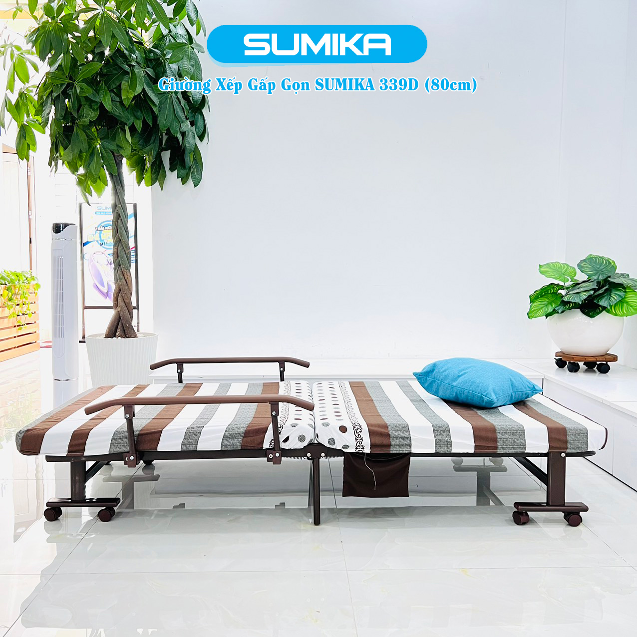 Giường xếp gọn cao cấp SUMIKA 339D, chiều rộng 80cm, khung thép, có bánh xe di chuyển