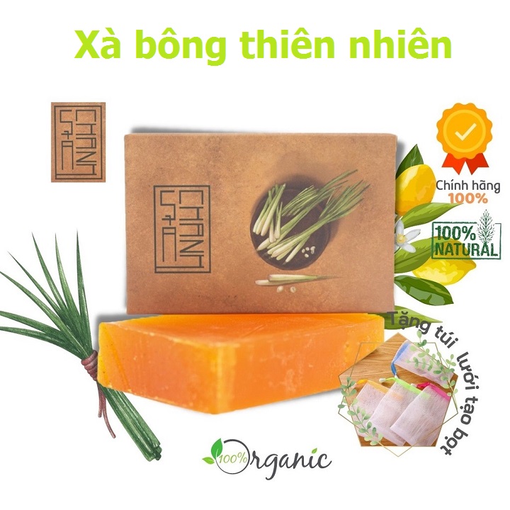 Xà bông Sinh Dược Sả Chanh 100gr mẫu bao bì vẽ mộc, hương tinh dầu sả chanh dễ chịu, làm sạch lỗ chân lông, giúp mát da, chống côn trùng, chống viêm