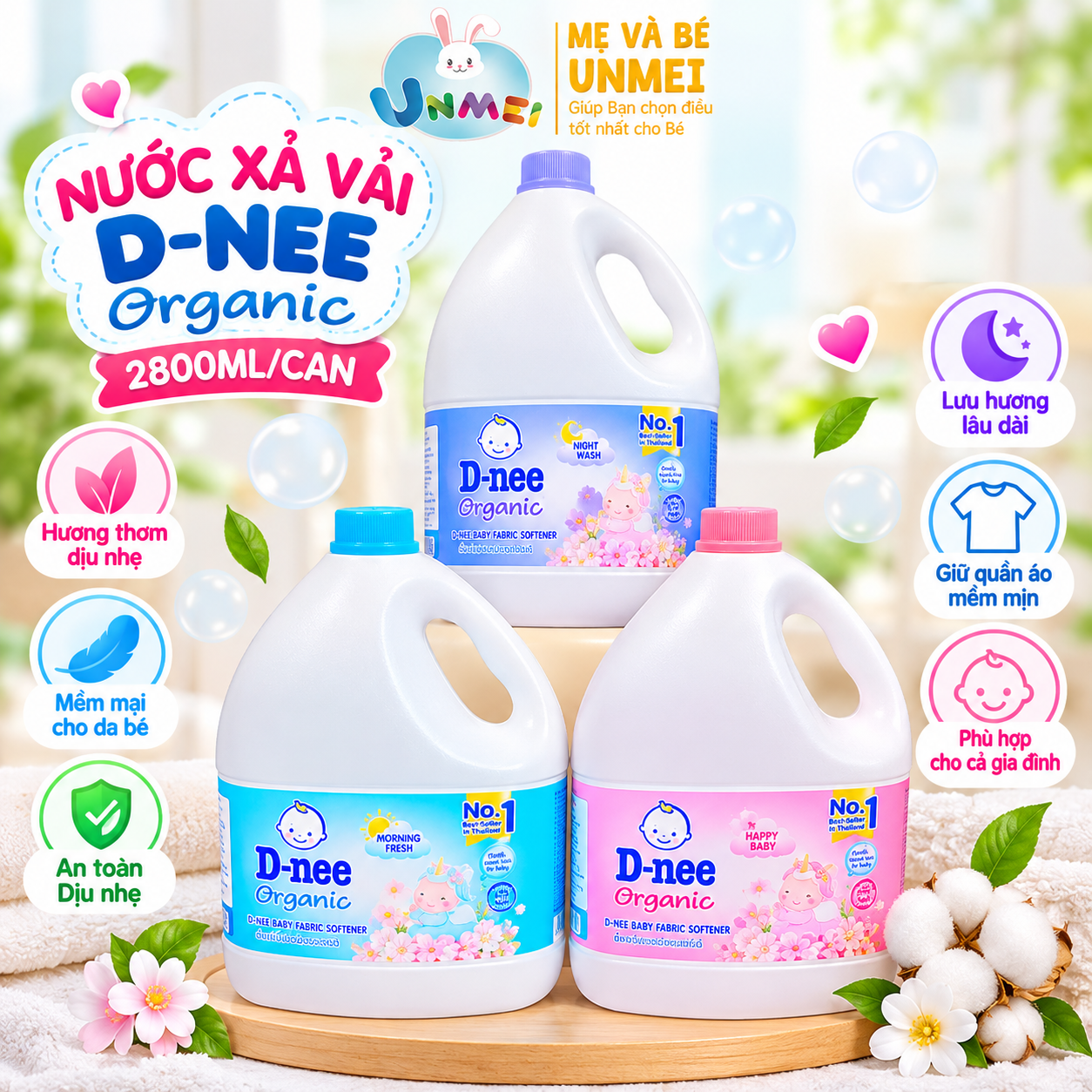 Nước Xả Vải Quần Áo Trẻ Em An Toàn Cho Da Bé D-NEE 2800ml, Đủ Màu Xanh Dương, Xanh Lá, Tím, Hồng, Trắng