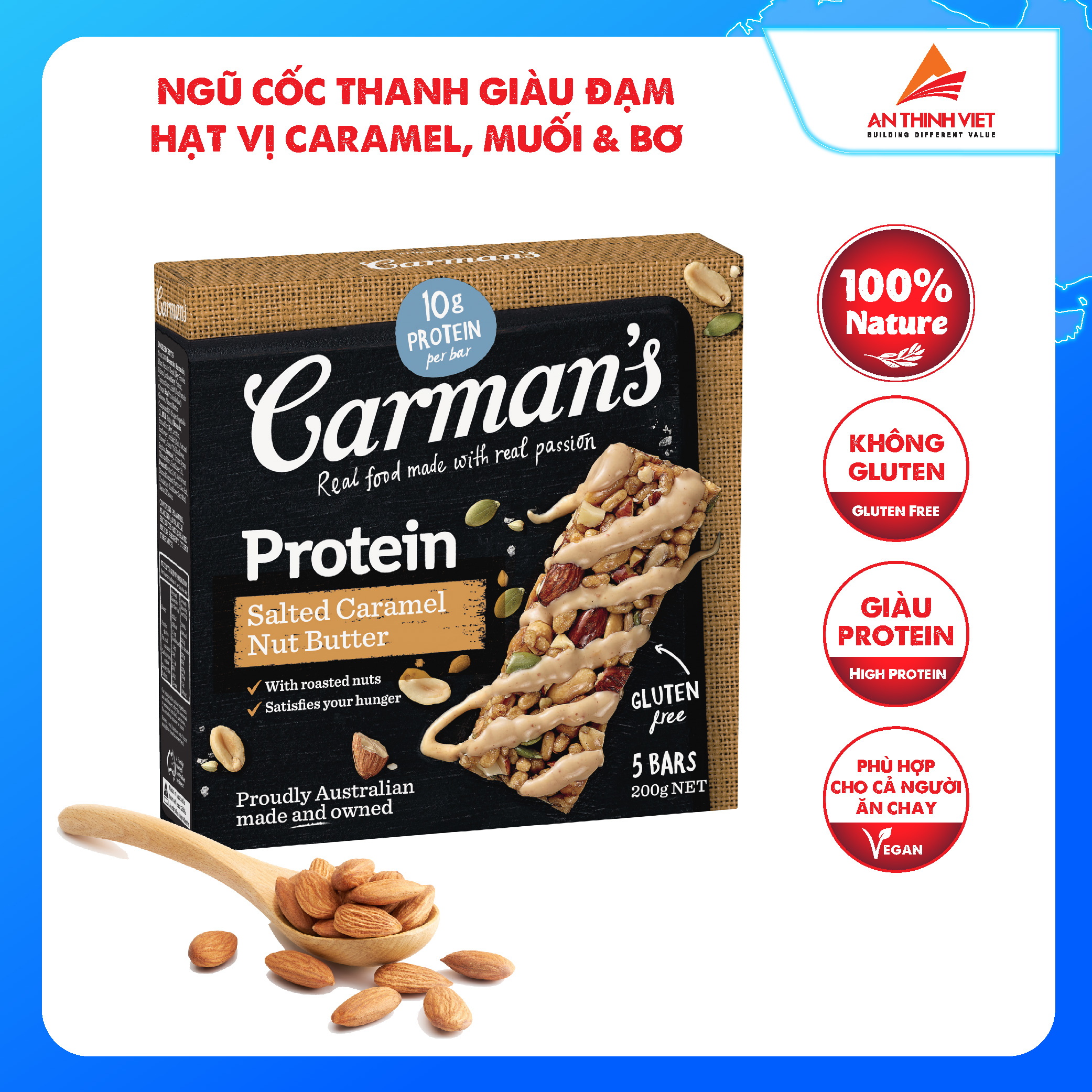 Thanh Giàu Đạm Carman's Protein Bar Salted Caramel Nut Butter - Vị Caramel Muối, Bơ Hạt - 200g