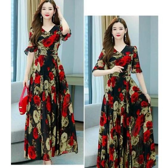 HÀNG NHẬP - ĐẦM MAXI VOAN CỔ V TAY LOE